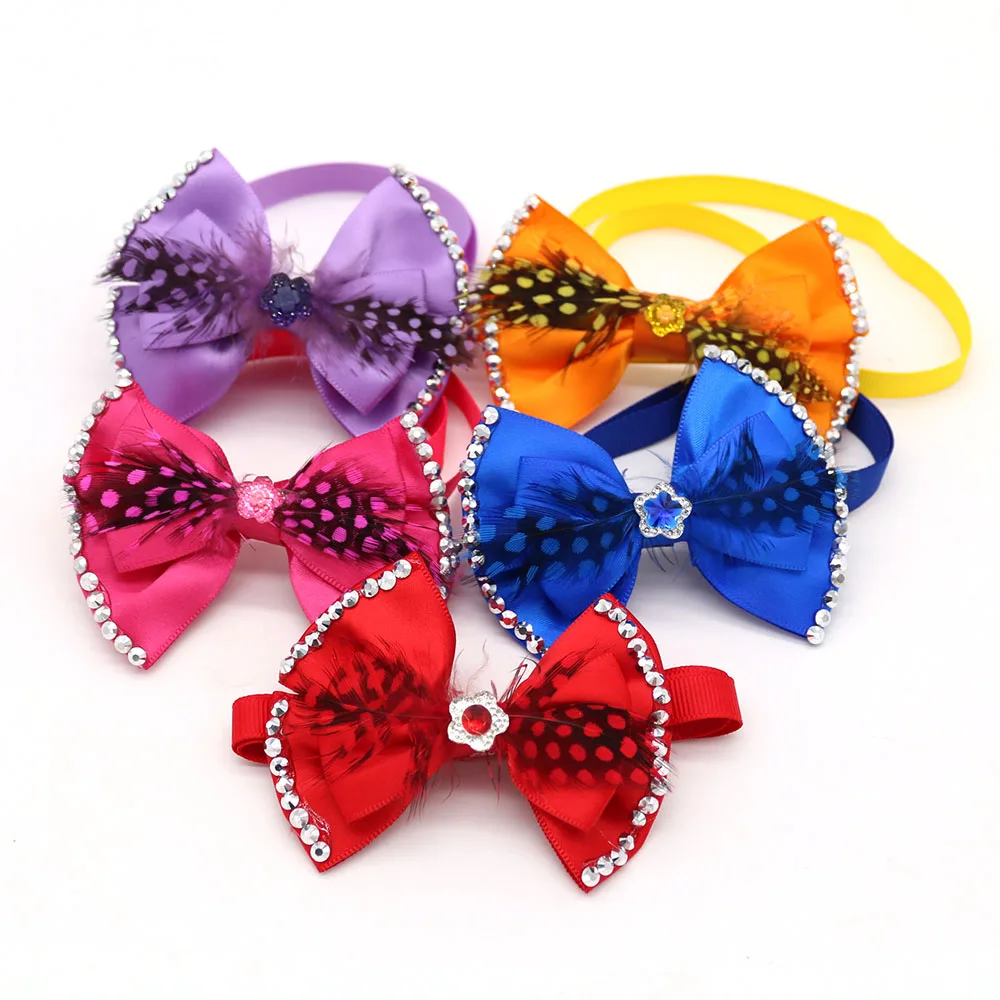 

New 50pcs Pet Supplies Feather Rhinestone Diamond Pet Dog Bowties Neckties Dog Holiday Products Wedding Accessories