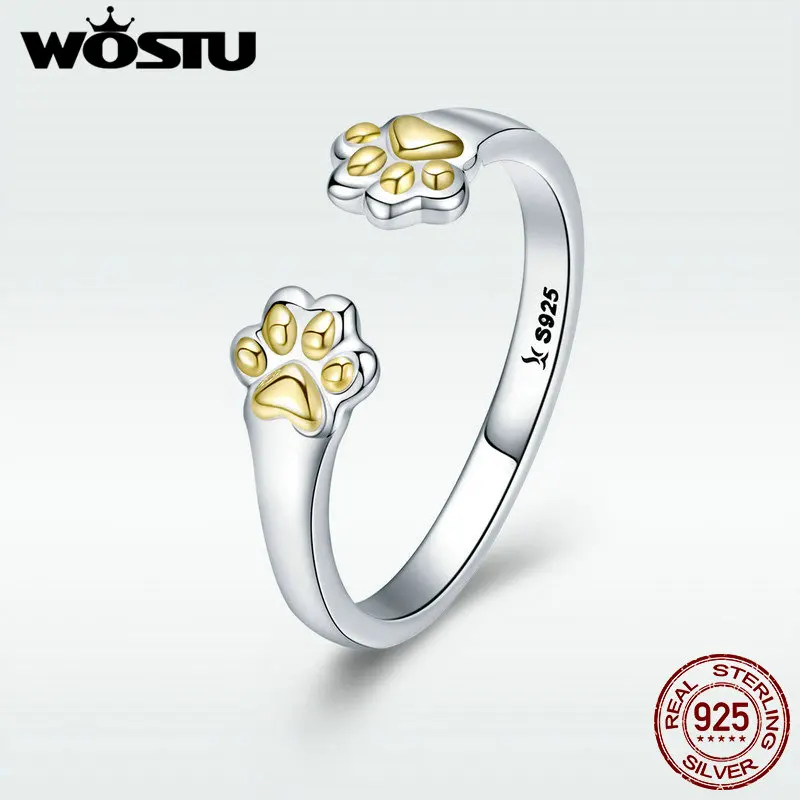 

WOSTU Animal Collection 100% 925 Sterling Silver Cat Dog Paw Rings For Women Party Birthday Lovely Brand Jewelry Gift DXR430