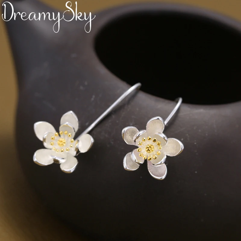 DreamySky 100% Real Silver Color  Brand Big Flower Earrings For Women Party Jewelry Gift Pendientes