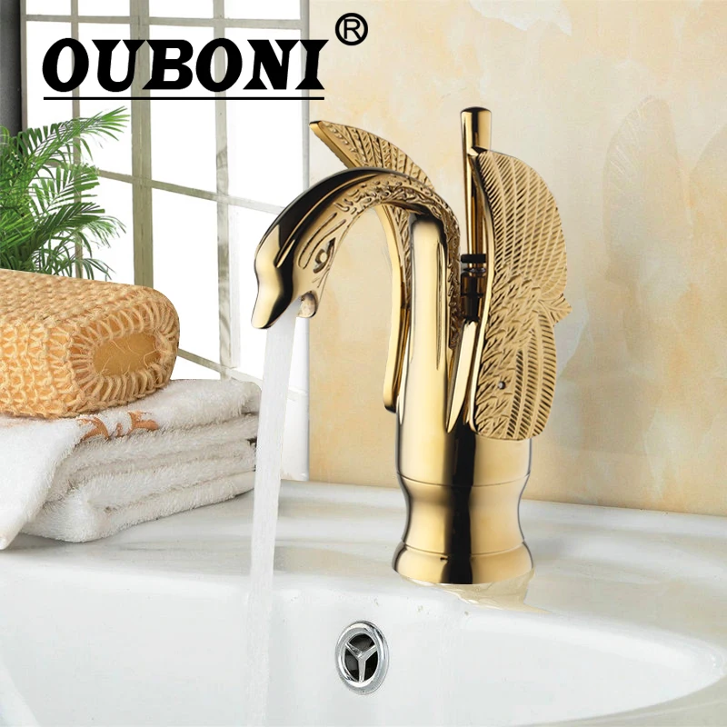 

OUBONI NEW Swan Design Basin Faucets Hot & Cold Water Mixer Taps Durable Gold Brass Single Hole Bathroom Faucet torneira