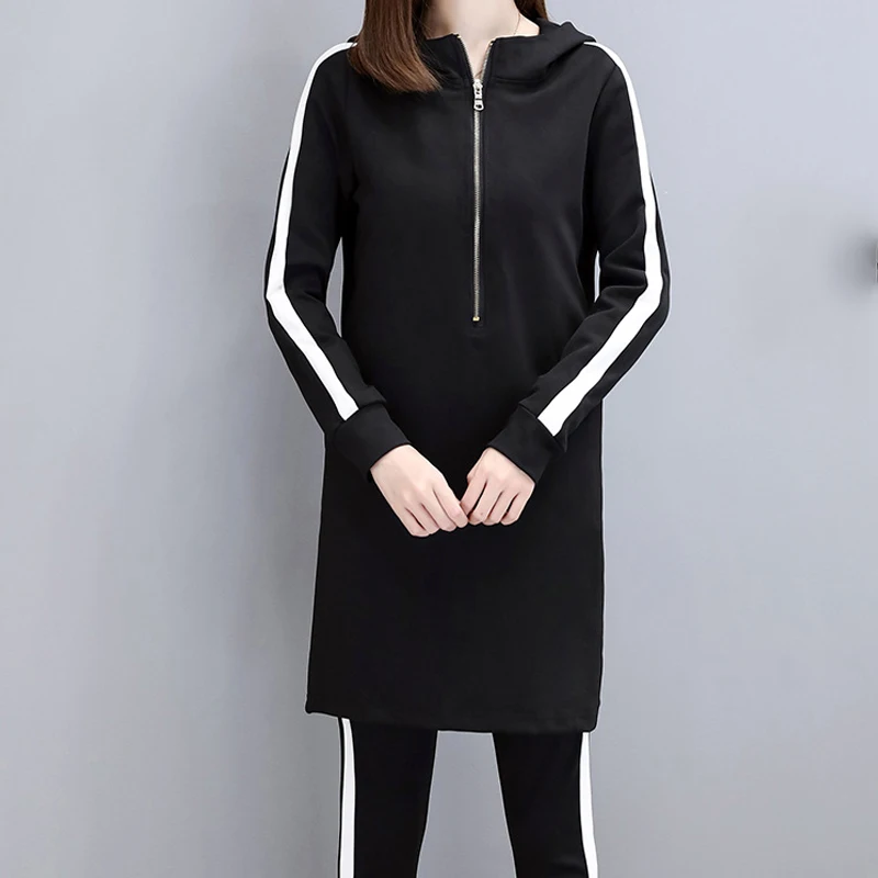 In Stock 2020 Slim Black Hoodies Women Set Stripe Side Casual Two Piece Set Women Zipper Long Hooded Sweatshirt + Pant 3xl