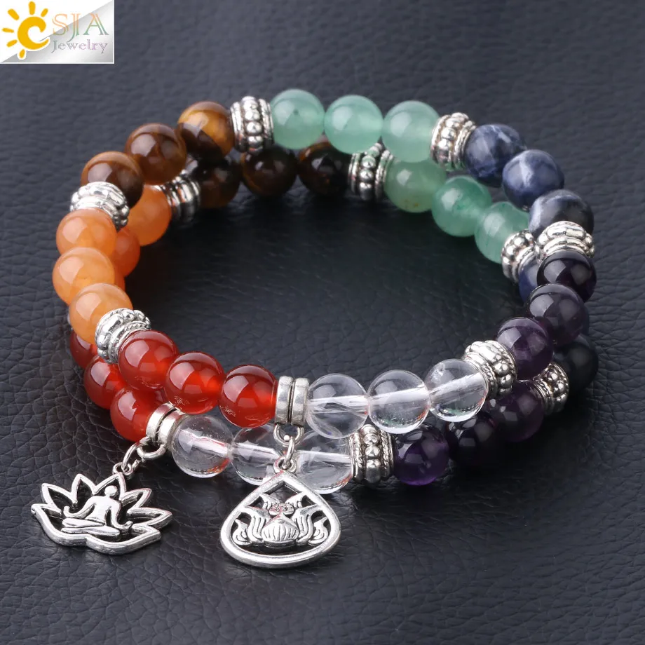 CSJA 7 Chakra Lotus Charms Bracelet Natural Stone Yoga OM 3D Pendants Meditation Healing Beads Bracelets Women Men Jewelry F823