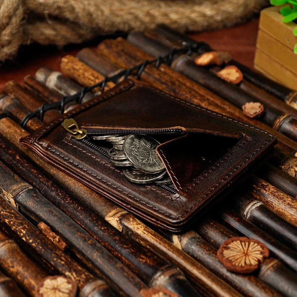 Genuine Leather Men Magnetic Money Clip Gift Wallet Card Photo Holder Case Design Front Pocket Wallet Mini Purse Male 1098-c