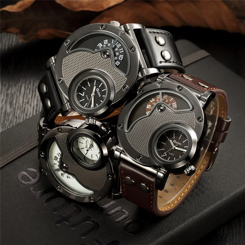 Oulm 9591 Antique Male Watch Two Time Zone Display Luxury Brand Men\'s Wristwatch Casual Leather Man Watch Quartz Clock