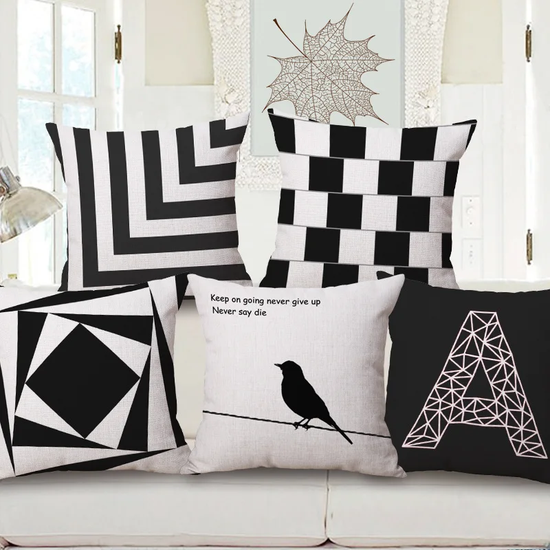 

Cotton and linen pillow cases, cushion cover Black and white contracted letters geometric designs 45 * 45 cm 2pcs