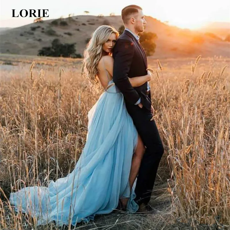 Lorie vestidos de casamento simples céu azul chiffon princesa praia vestidos de casamento sexy aberto voltar alças espaguete país princesa vestido