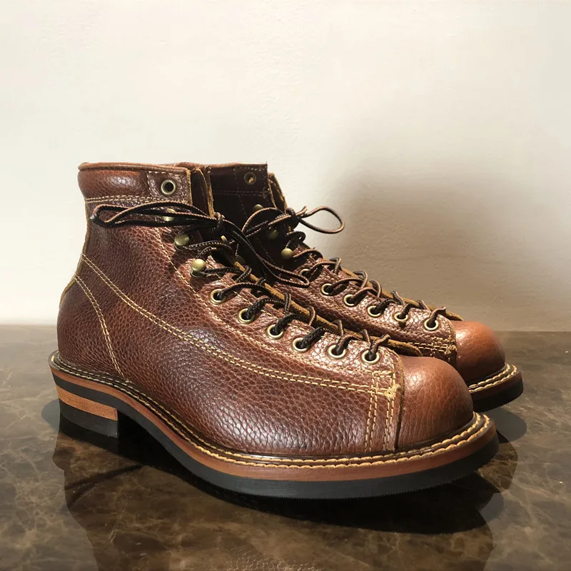 Męskie buty zimowe wiosna okrągłe Toe najwyższej jakości Vintage prawdziwe skórzane buty ze skóry wołowej dorywczo buty motocyklowe Unisex duży rozmiar
