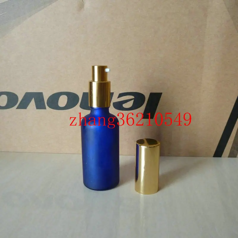 

50ml blue frosted Glass lotion Bottle With aluminum shiny gold pump.for lotion and essential oil. lotion cream container