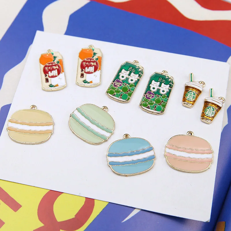 10PCS Macaron Cake Hamburger Drinks Milk tea Bottle Food Enamel Charms Gold Tone Oil Drop DIY Bracelet Floating Charms YZ410