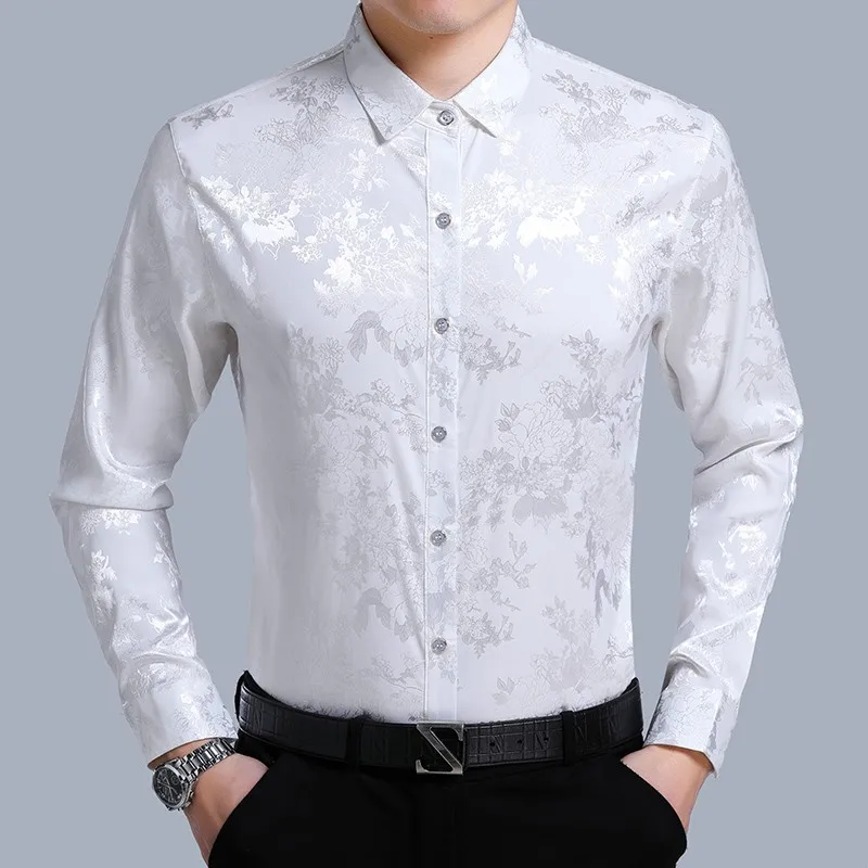 

New 2018 spring & summer mens floral silk shirts male casual fashion striped long sleeve soft silk dress shirt