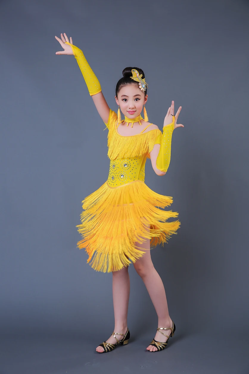 2019 Fashion Sequin Fringe Tassel Latin Dance Dress Girls Stage Performance Costumes Tango Ballroom Dance Dress Kids Latin Dress