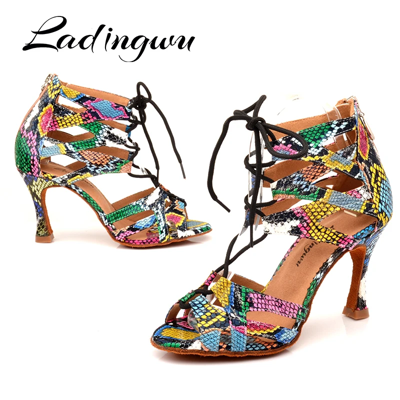 Zapatos de baile de Ladingwu para mujer zapatos de baile latino tendencia serpiente textura Salsa baile zapatos ancho y estrecho Cordón de ajuste