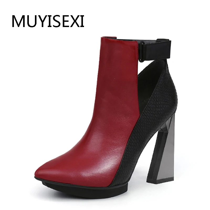 Autumn Boots For Women Ankle Boots Pointed Toe Platform 11cm Extreme High Heels Genuine Leather Boots Women HL119 MUYISEXI