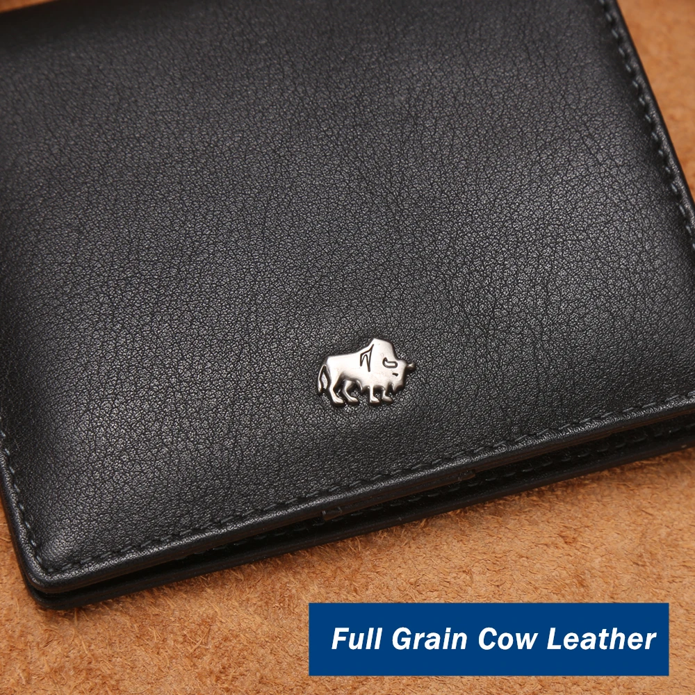 BISON DENIM Fashion Purse Men's Genuine Leather Wallet RFID Blocking Mini Wallet Male Card Holder Small Zipper Coin Purse W9317