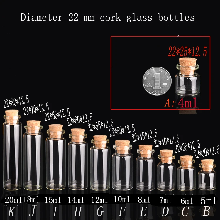 

wholesale 50pcs/lot 14ml(22*60*12.5mm) Cork glass vials ,Glass Bottles,bottle,glass jar, glass vials with cork