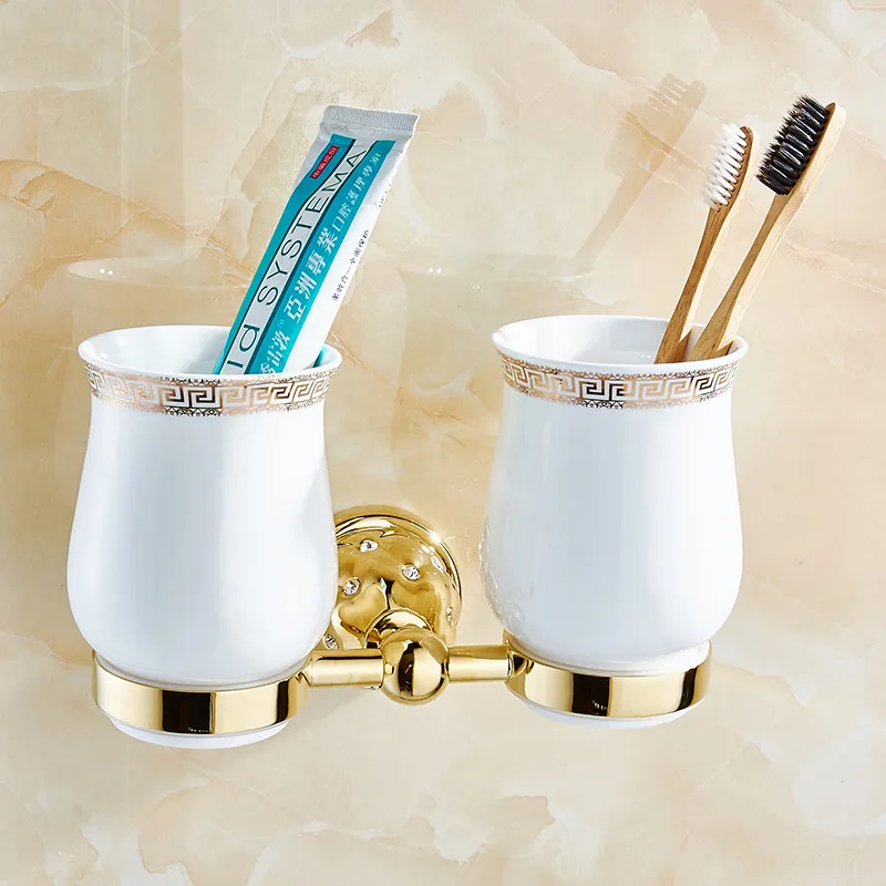 Holders Wall Mounted Gold Silver Copper Toothbrush Holder Bath Hardare sets Bath Product Double Cup Holder 5203