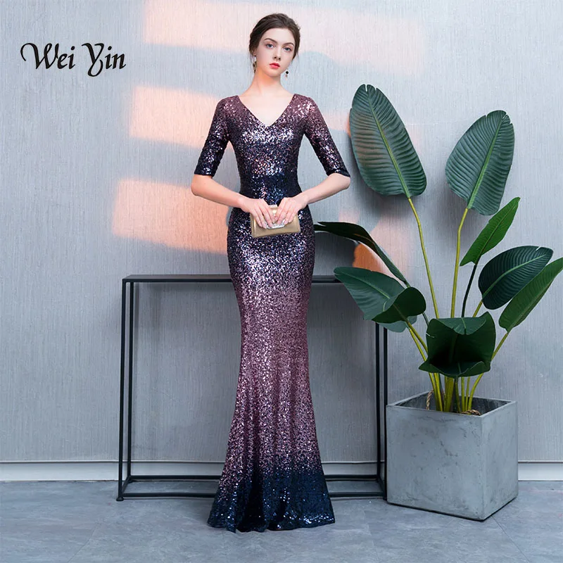 

weiyin New Mermaid Evening Dress The Banquet Luruxy Half Sleeve Sexy Gradient Color Sequined Fishtail Long Party Formal Gown