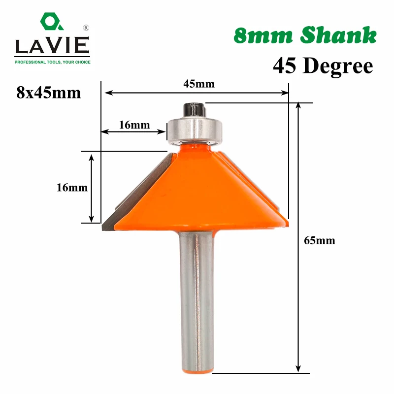 LAVIE-Mèche biseautée résistante à 45 chanfreins MC02021, 1 pièce, tige de 8mm, mèche de fraisage affleurante, travail de calcul