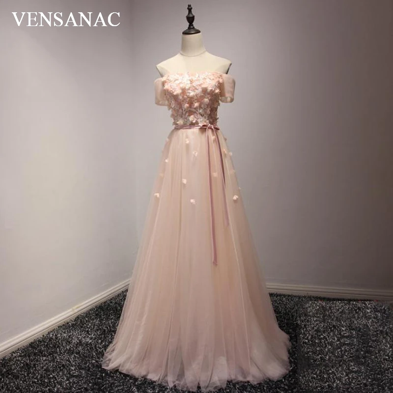 

VENSANAC Boat Neck Flowers Appliques A Line Long Evening Dresses Elegant Lace Sash Tulle Party Prom Gowns