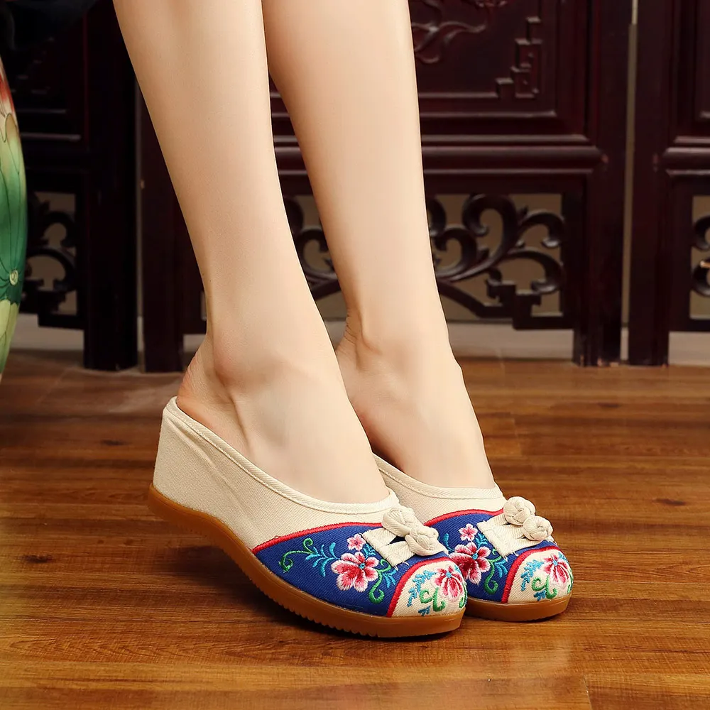 Veowalk Chinese Knot Women Canvas Embroidered Close Toe Wedge Slippers Ladies Mid Heel Comfortable  Summer Mules Platform Shoes