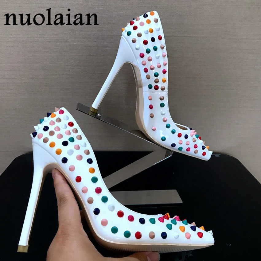 

New Design Women Patent Leather Thin High Heels Rivet Pointed Toe Platform Pumps Woman High Heel Shoes Lady Beige Bottom Shoes