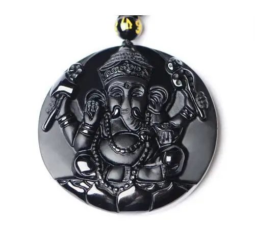 Natural Black Obsidian Carved Ganesh Elephant Lucky Pendants Free Necklace Fine Stone Crystal Fashion woman man Amulet Jewelry