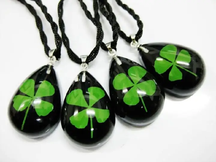 12 PCS Real Four Leaf Lucky Clover Shamrock Pendant Black Back Drop Shape Gift