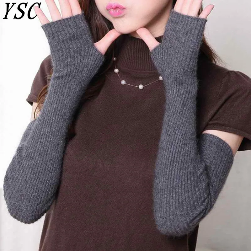 YSC Hot Sales women\'s Cashmere knitted female gloves 40cm 50cm 60 cm long arm Finger hole style High Quality Warm arm protection