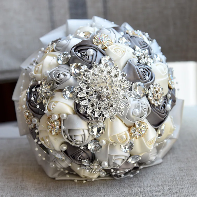 Newest grey + cream  Wedding Bouquet Rose Bride Bouquet Artificial Flowers Bouquets Diamond Crystal Marriage