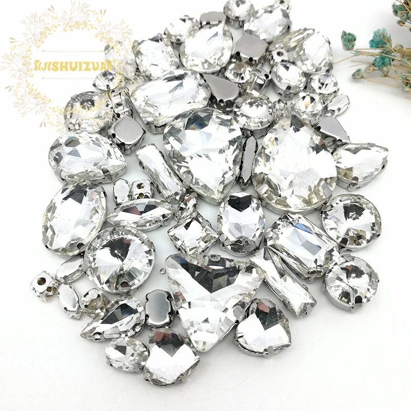 58pcs 10shapes 25sizes Mix White shape and sizes Glass Crystal rhinestones silvery bottom DIY Clothing accessories