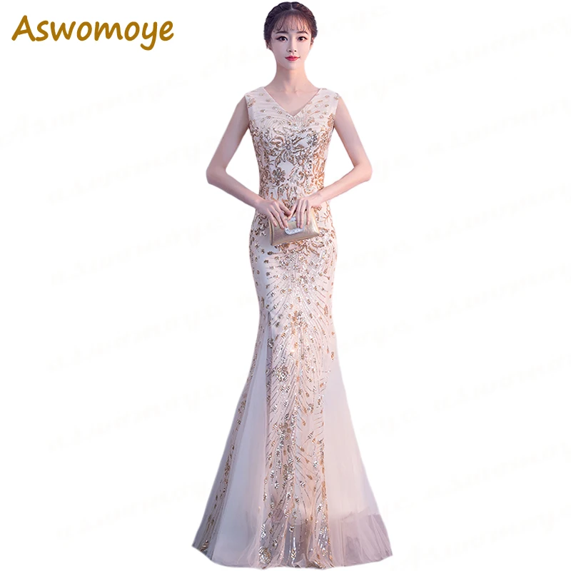 Aswomoye Mermaid Evening Dress 2018 Appliques Shinning Sequined Party Dress V-Neck Prom Dress Custom Size Robe De Soiree