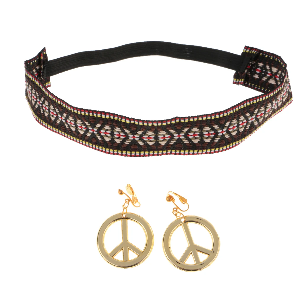 Boho Hippie Embroidered Headband and Gold Peace Symbol Earrings Headwrap Costume Headwear Accessories for Halloween Party