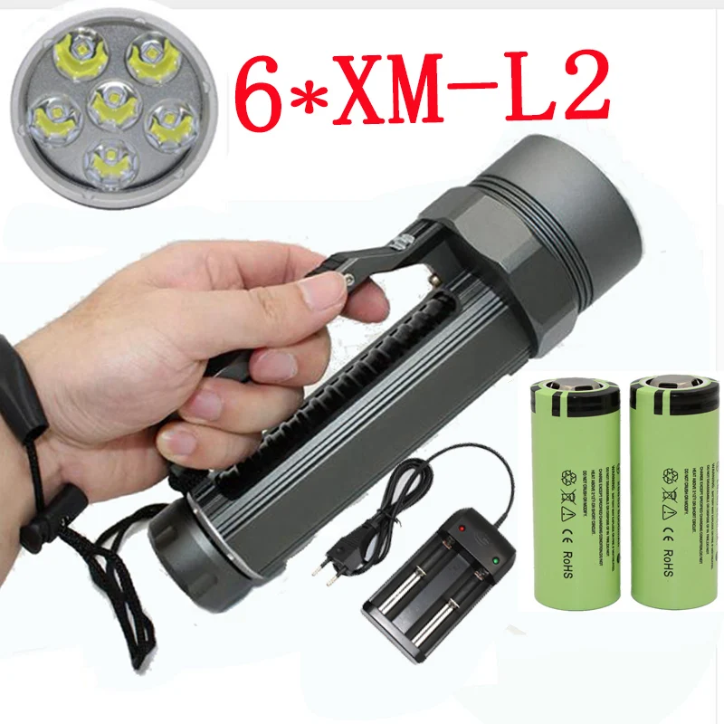 Diving Flashlight 6 x  XM-L2 7200LM Torch for diver underwater photograph explore hunting +26650 Battery +Charger