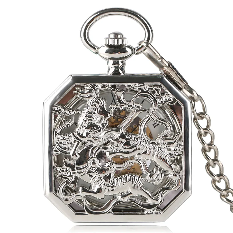 Reloj de bolsillo con colgante de tigre de plata para hombre, cronógrafo mecánico de acero inoxidable, a la moda, hueco, a mano, 2017