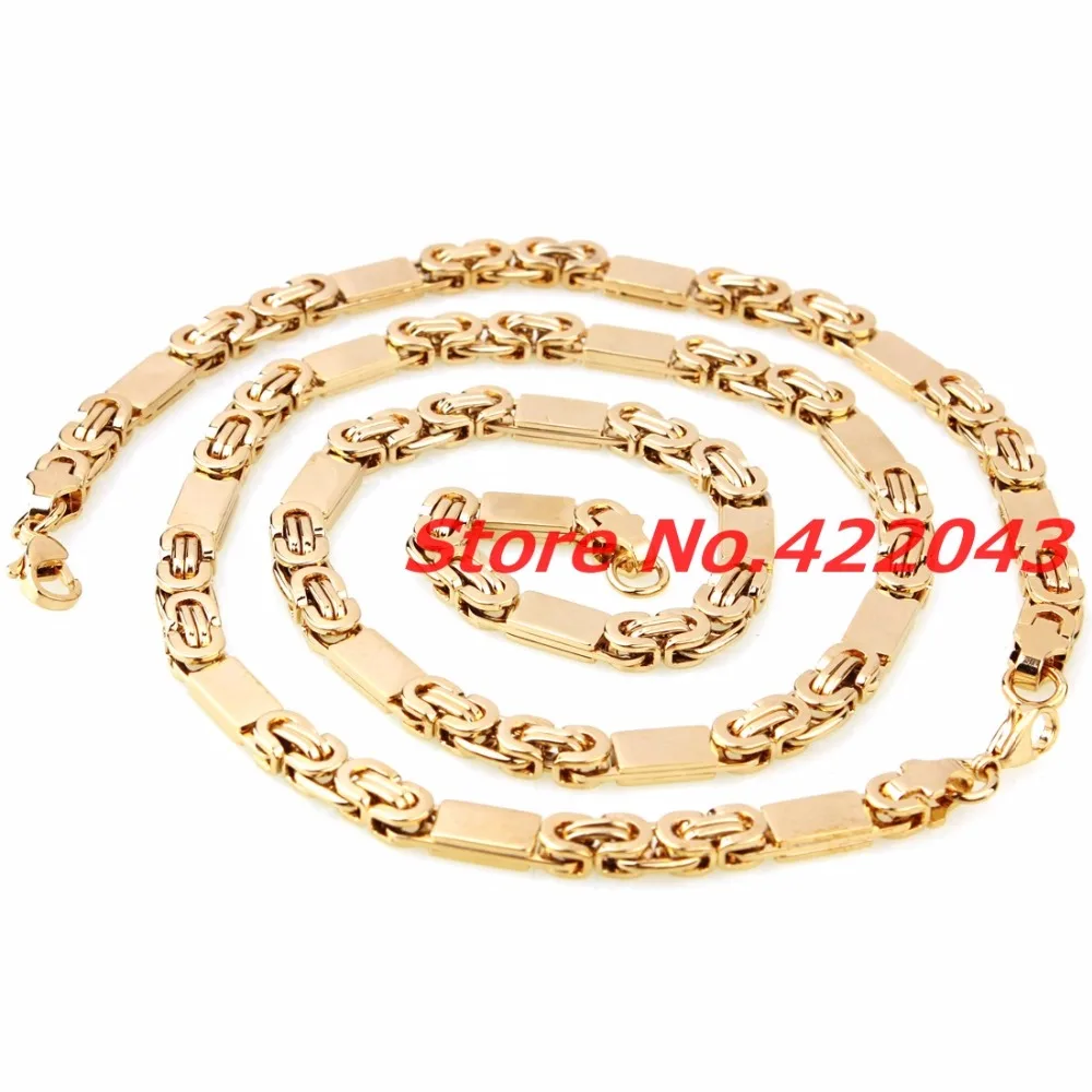 6mmx55cm Necklace + 6mmx22cm bracelet boy Mens Womens Chain Gold Tone Flat Byzantine Link Chain Stainless Steel Jewelry