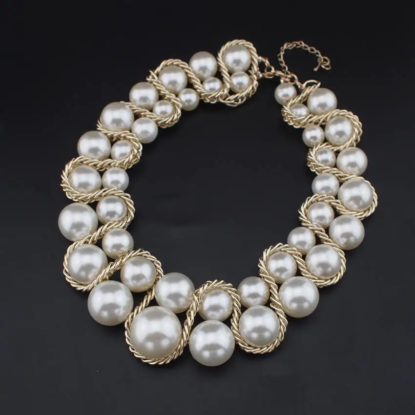 Imitation Pearl Necklace Fashion Gold Color Chain Cross Big Size Beads Collar Choker Statement Jewelry For Women Dress N1220