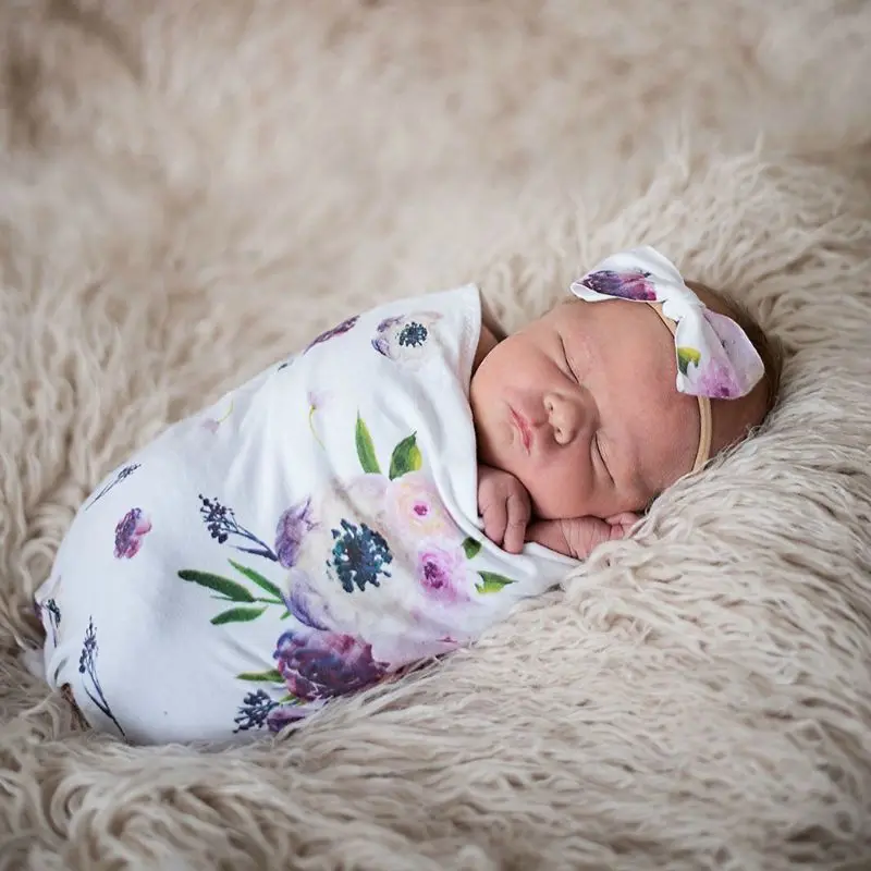 Newborn Photography Prop Baby Blankets Printed Infant Boys Girls Sleeping Swaddle Muslin Wrap +Headband 2PCS