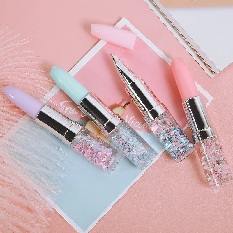 1pcs Creative Oil Quicksand Kawaii Lipstick Gel Pen Black Ink Pen Colorful Papelaria Cute Stationary Pens for School Supplies