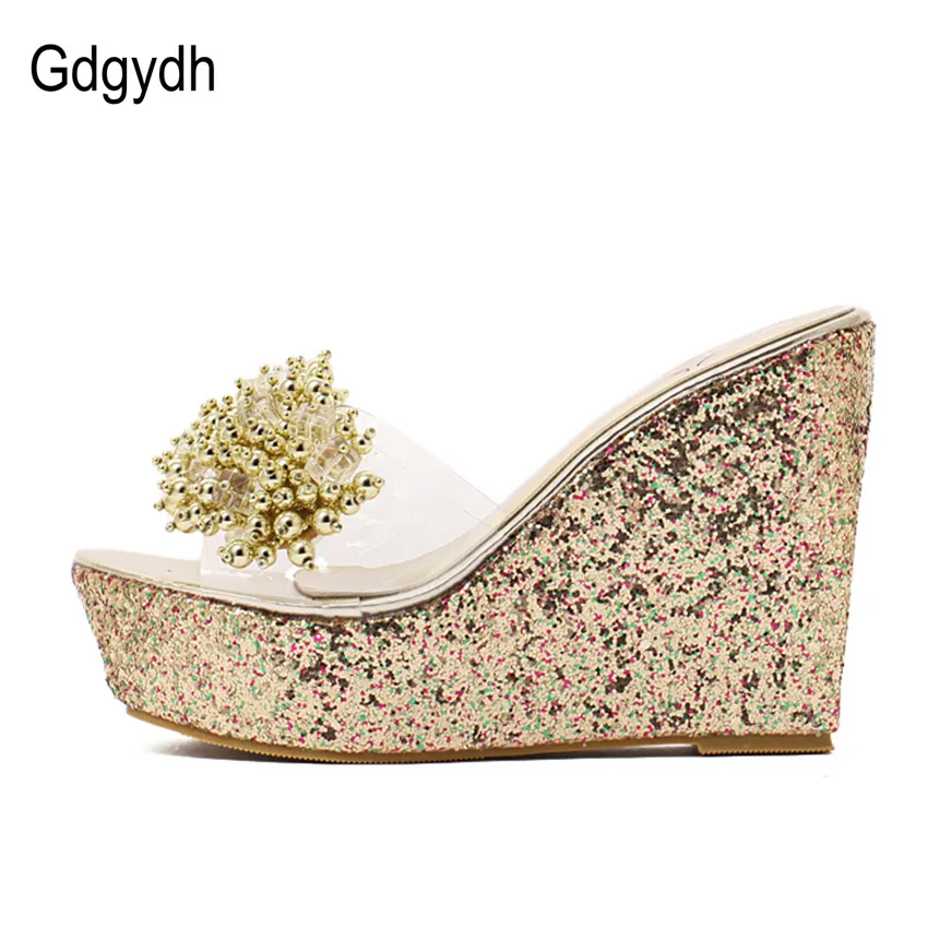 Gdgydh Rhinestone Wedges Sandals Women Summer Sexy Trifle Slides Casual Beading Open Toe Female Sandals Platform Shoes