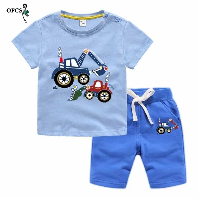 

New Hot Selling Children's Short Sleeve T-shirt + Beach Shorts 2Pcs/Set Summer Infant Boys Cartoon Cotton Clothes Dredger Outfit
