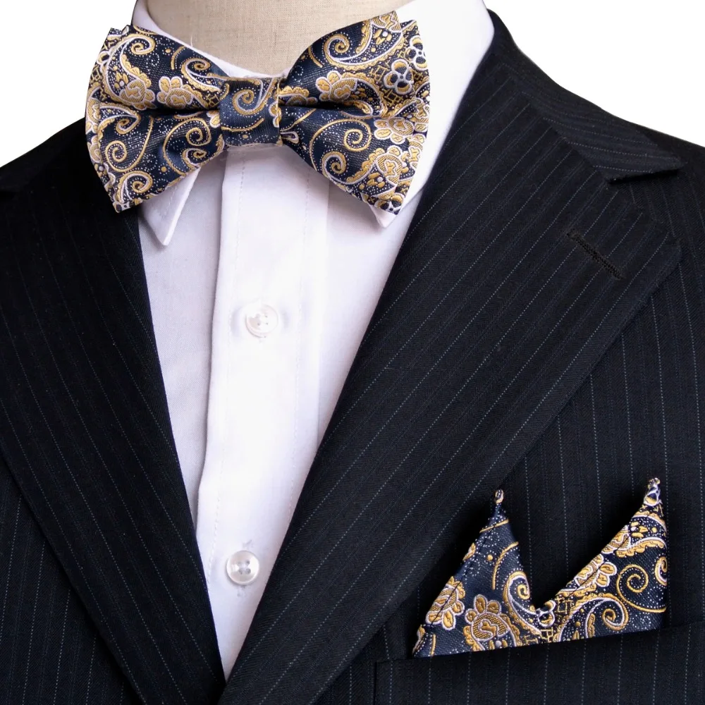 Paisley Floral Navy Blue Yellow Khaki Gold Tuxedo Pre-tied Mens Bow Tie Pocket Square 100% Silk Set Adjustable Wholesale Party