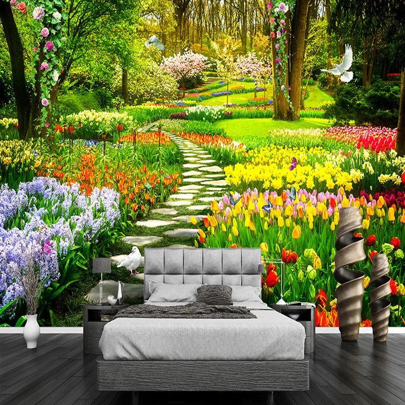 Custom Size Wallpaper 3D Nature Scenery Flowers Grass Path Murals Living Room Bedroom Decor Removable Waterproof Wall Sticker