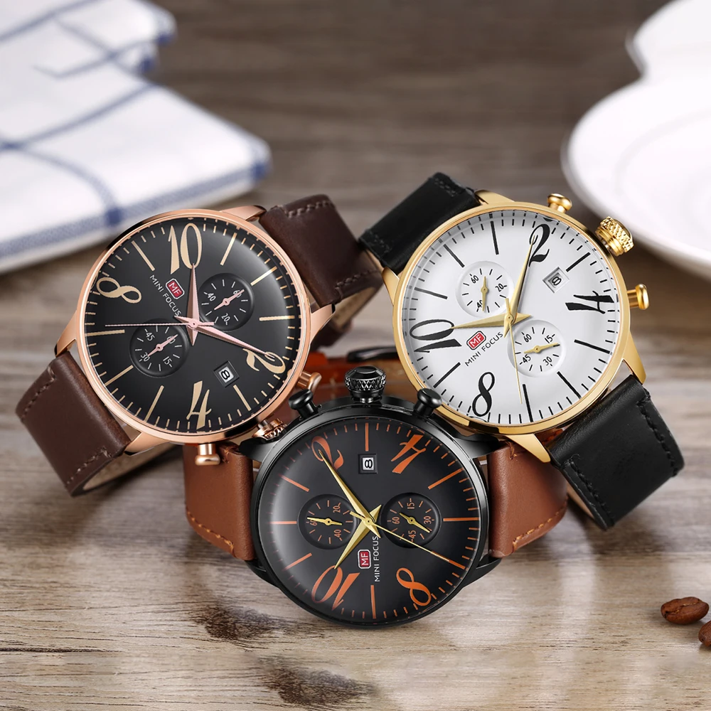 MINI FOCUS orologio da uomo alla moda di marca orologio da uomo con cinturino in vera pelle orologio da polso cronografo impermeabile al quarzo con datario