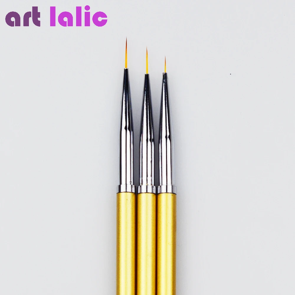 3Pcs Gold Metal Liner Brushes Set for Nail Art Manicure Wide Line Star Geometry Drawing Flower Grid Stripe Painting Pen Kit