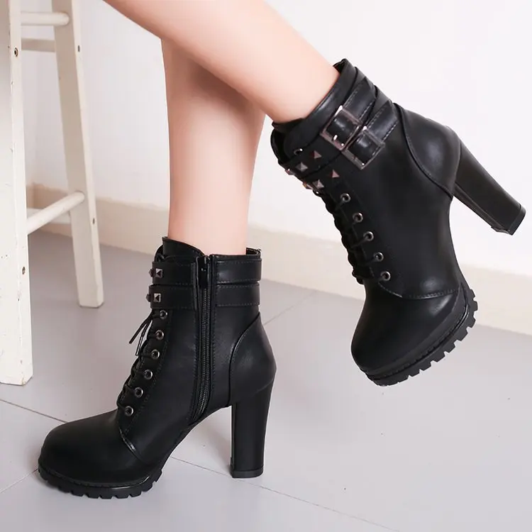 New Autumn Women Ankle Boots Platform High Heel Shoes Ladies Lace Up Buckle Strap Short Boots Casual Female Footwear