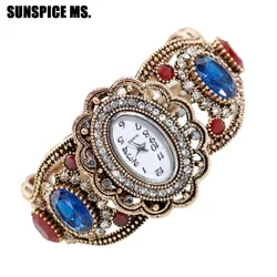 Sunspicems Retro Vintage Turkish Bangle Watch Jewelry For Women Antique Gold Color Resin Indian Arabic Wedding Cuff Bracelet