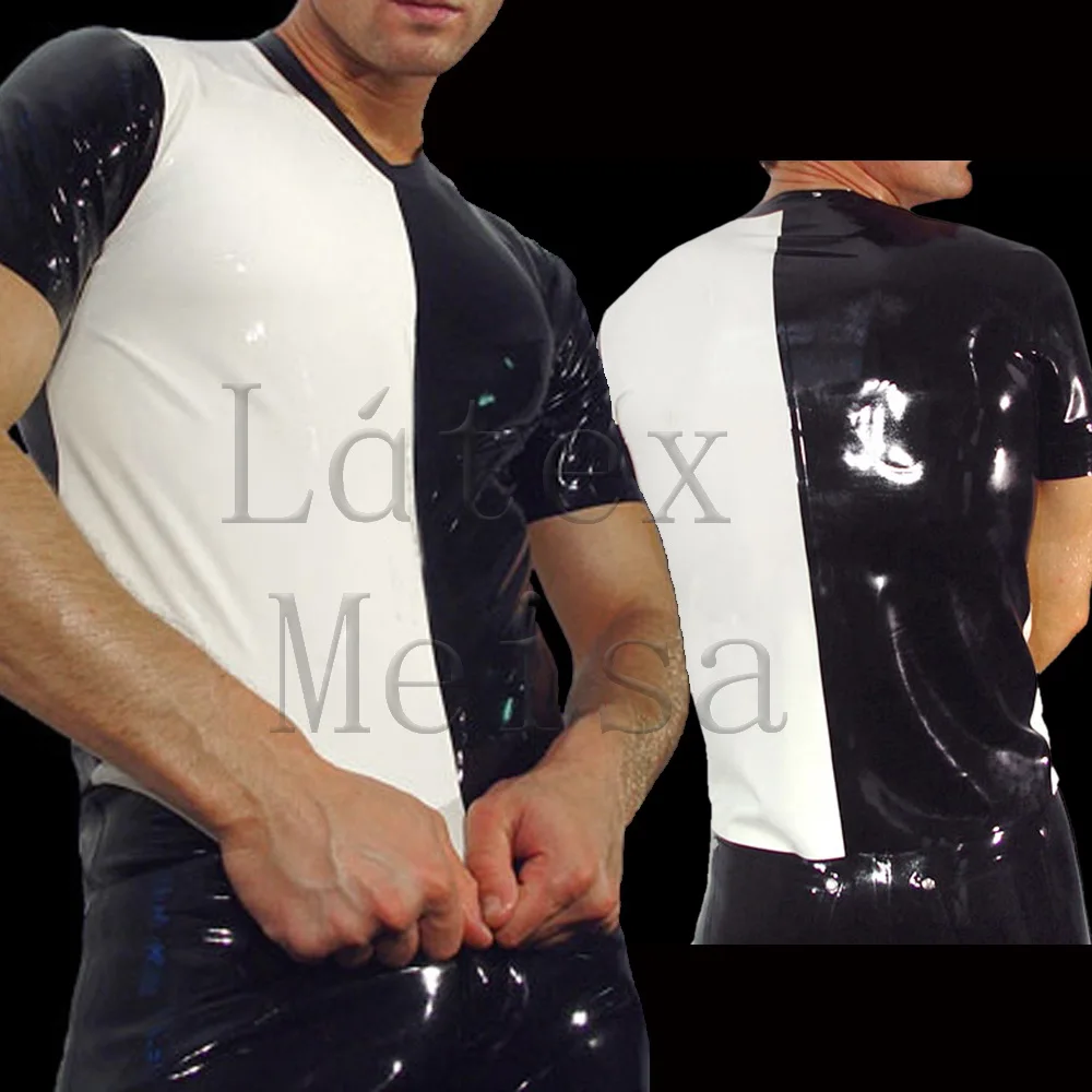 Casual 100% handmade latex t-shirt with V-neck design in black patchwork white colors