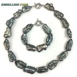 NEW baroque statement necklace bracelet set Rectangle shape dark green black few brown freshwater pearl choker fine jewelry