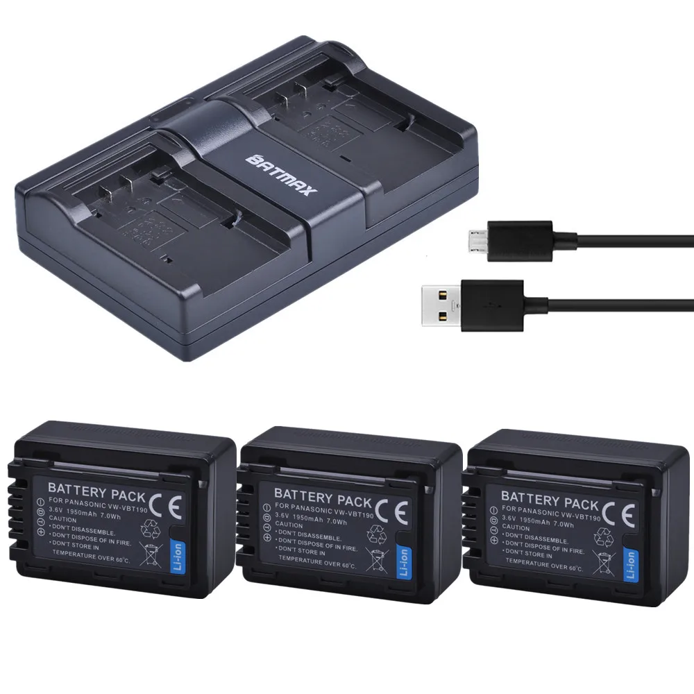 

Batmax 3pc VW-VBT190 VBT190 Battery+USB Dual Charger For Panasonic HC-V800GK,HC-V110,HC-V130,HC-V160,HC-V180,HC-V201,V210,V250,