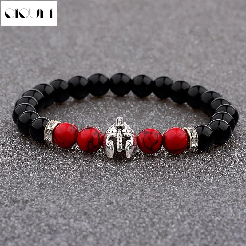 Bracelets en pierre naturelle pour femmes et hommes, casque spartiate, bracelet perlé, bracelets à breloques en pierre de lave noire, mode